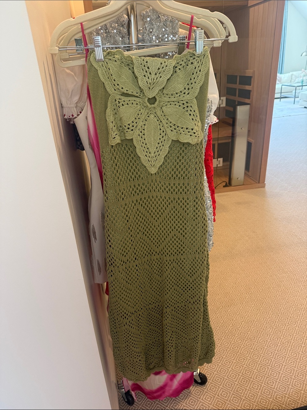 Olive Crochet Maxi Dress with Floral Motif